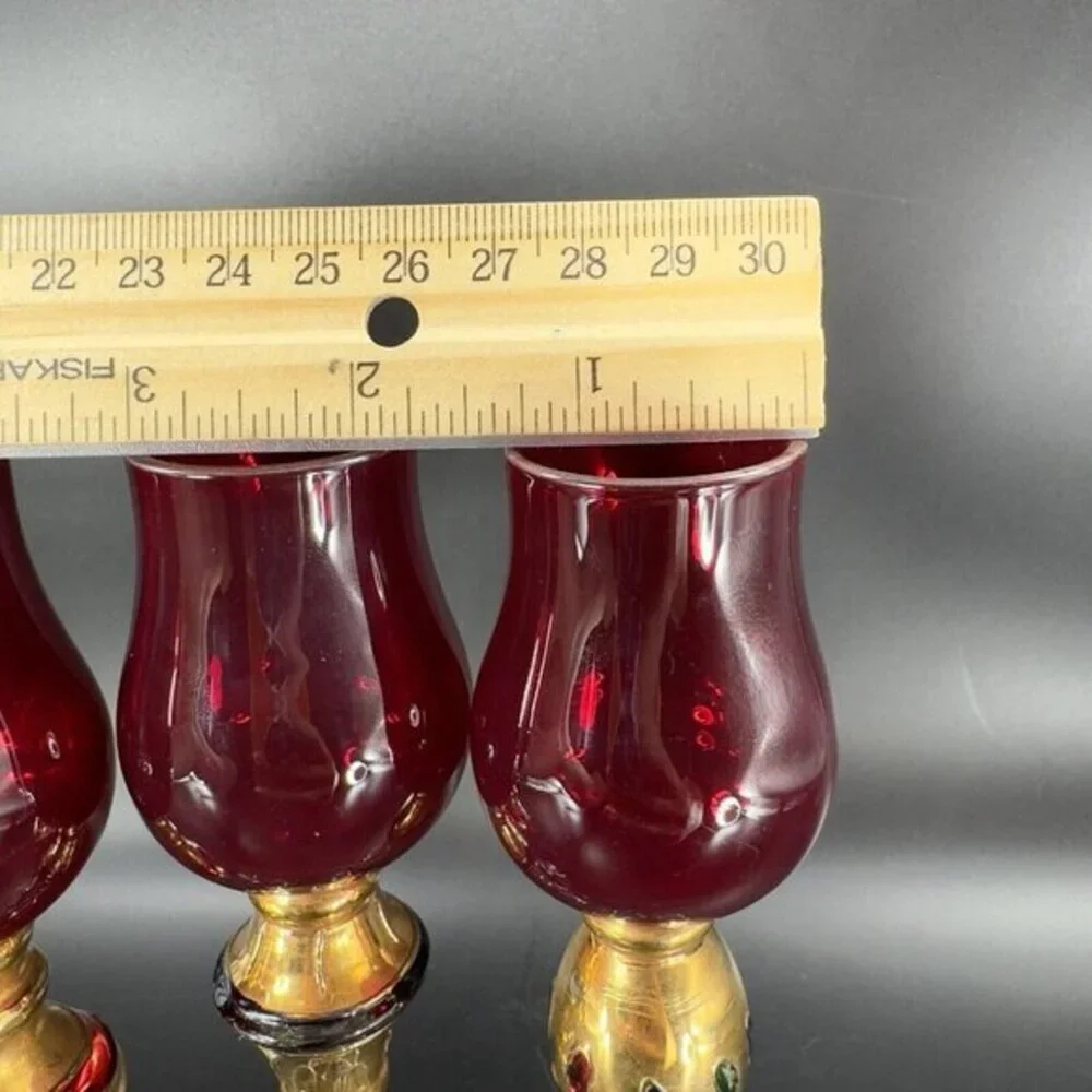 Bombay Company Romanov Ruby Gold Long Stem Cordial Glasses Cadmium UV Glow Set 3